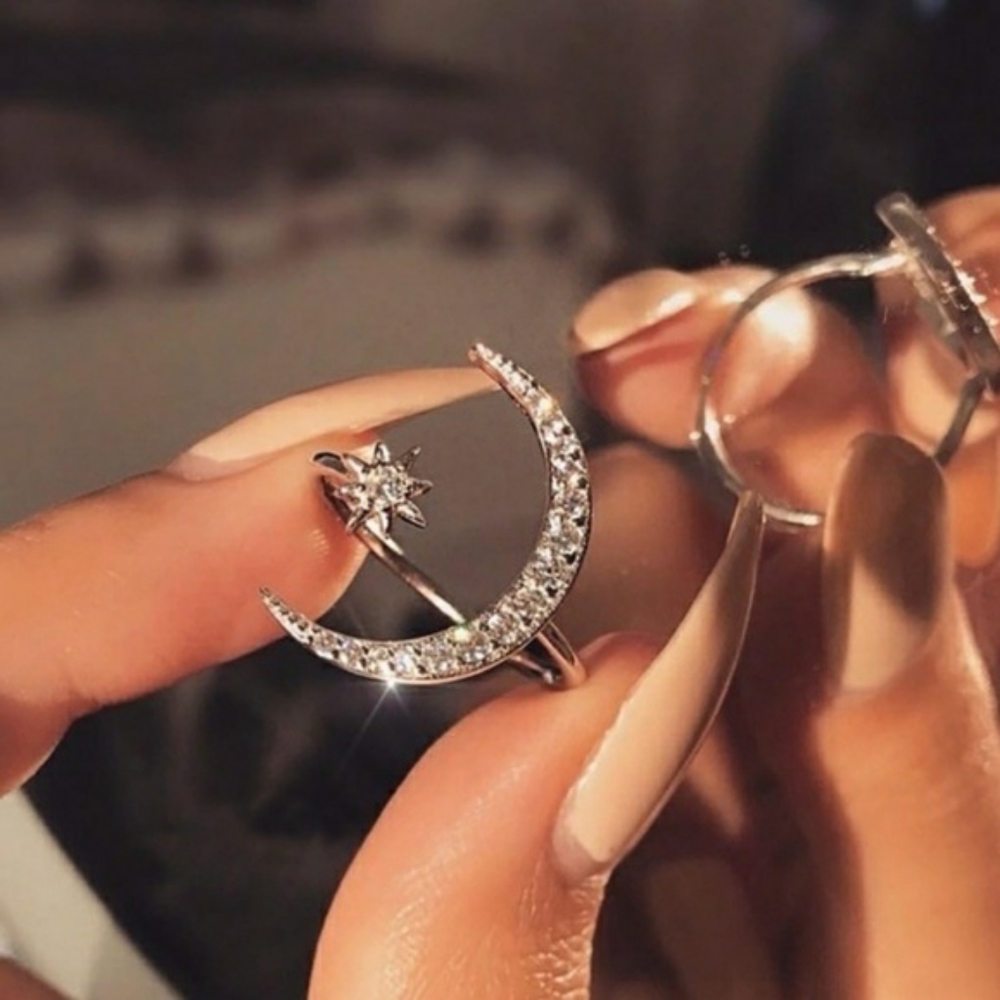* Silver Crescent Moon & Star Resizeable  Ring - Picture 3 of 4